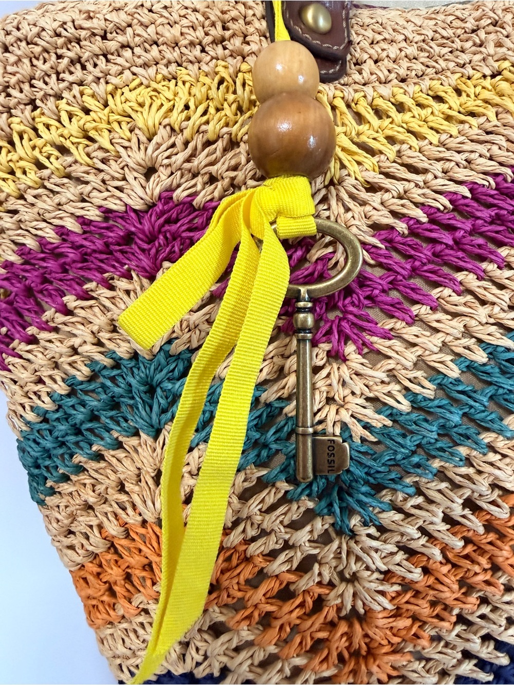 Fossil Multicolor Chevron Straw Tote with Brown Leather Handles - Picture 2 of 8